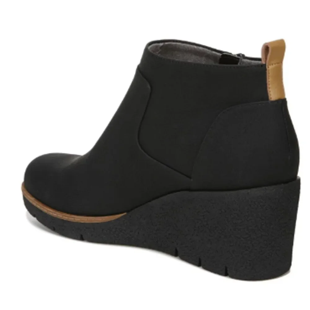New In Box Dr Scholls Womens Size 8 Black Faux Leather Bianca Wedge Bootie Shoes